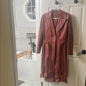 Vintage Learsi Genuine Leather Trench, Orange, Fully Lined, Belted, Size 16